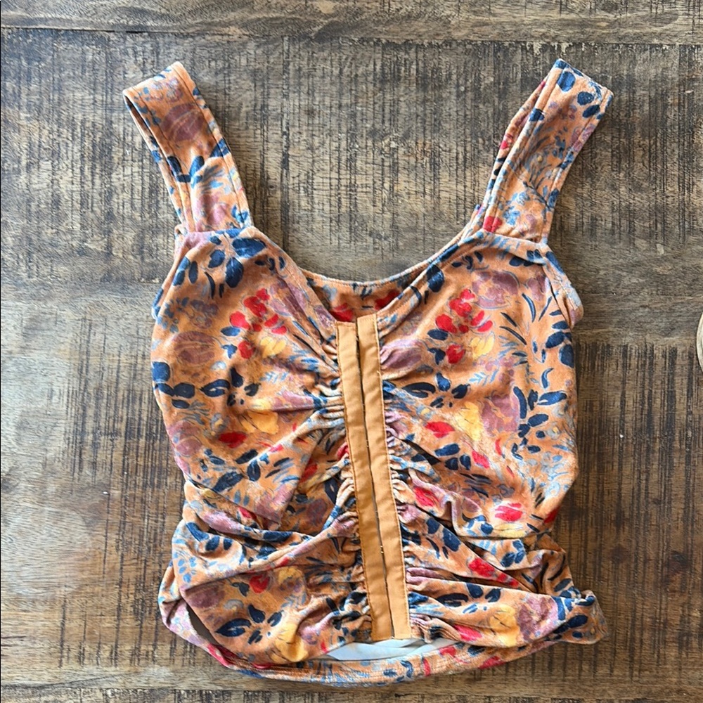 Free People Floral Ruched Tank Top in Rust and Navy